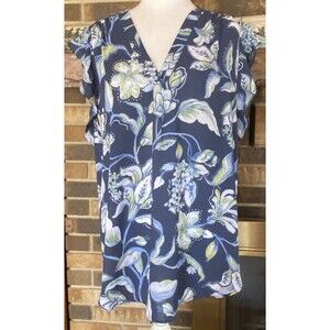 Chaus New York Women’s Top Size XL Blue Floral Cap Sleeves Cottage Fairy Light